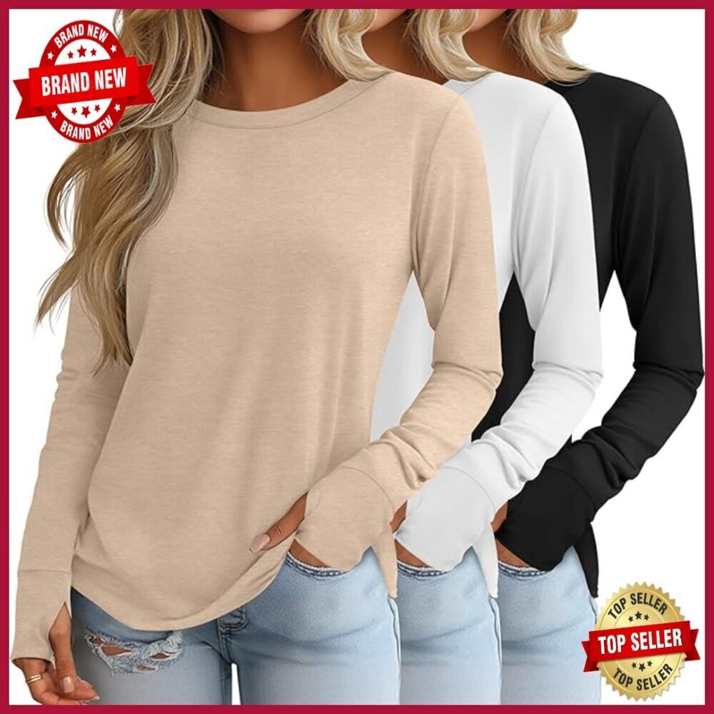 3 Pack Women's Long Sleeve Cotton Tunic Tops with Thumb Holes, Loose Fit